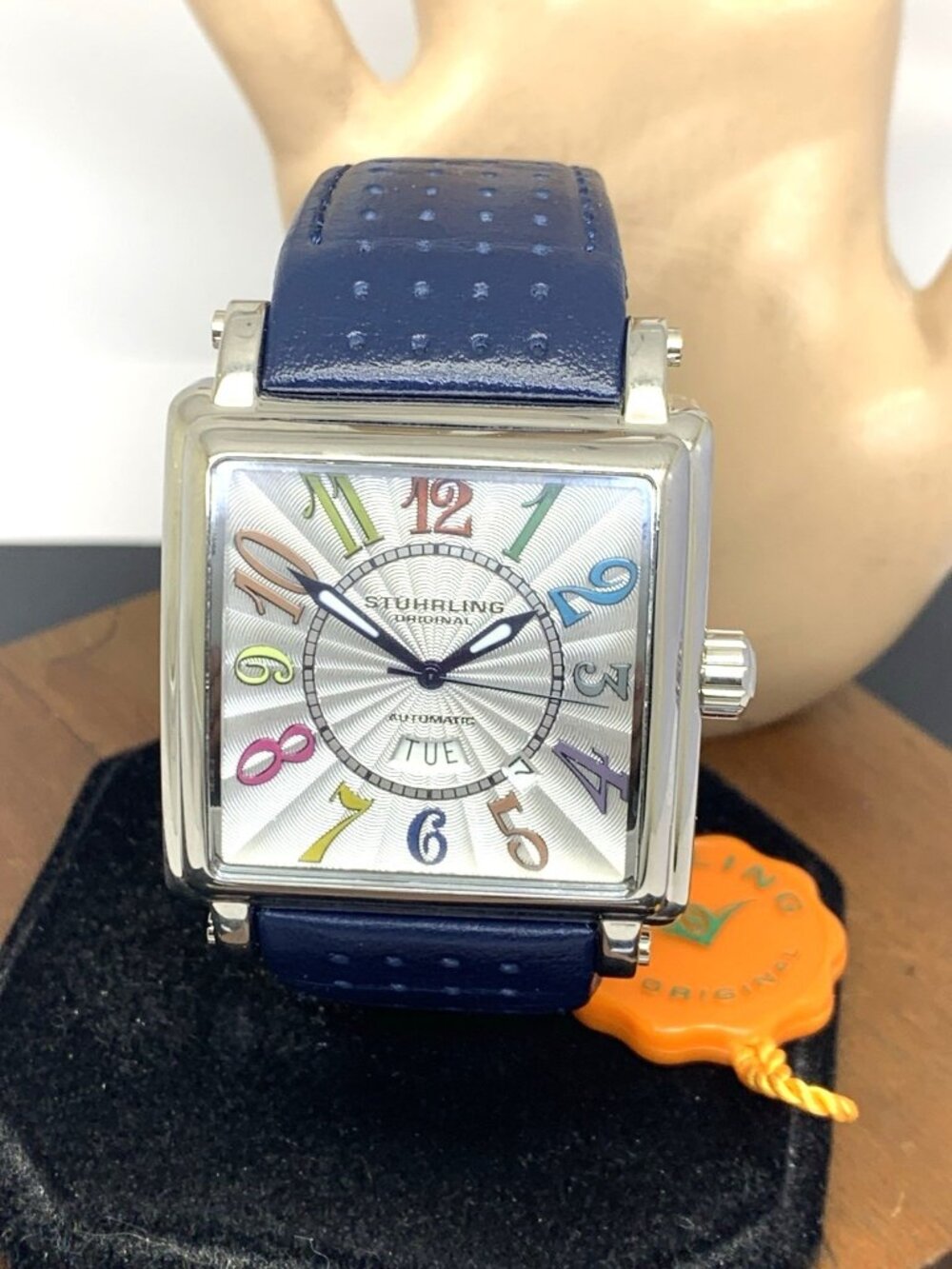Stuhrling Men's Watch Manchester Ozzie Automatic Silver Blue Leather Band 41mm